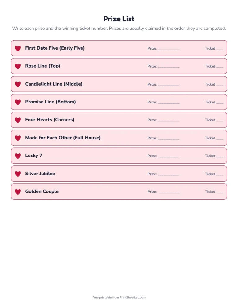 Couples tambola prize list with themed prize names and space for winners