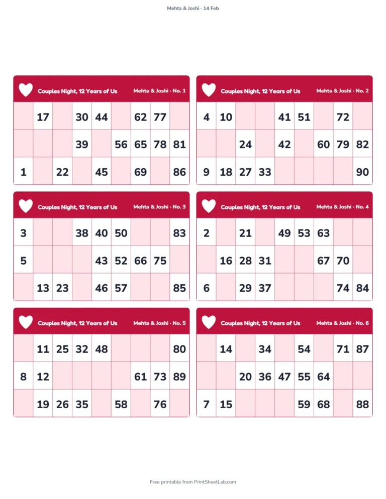 Couples tambola: printable tickets titled Couples Night, 12 Years of Us