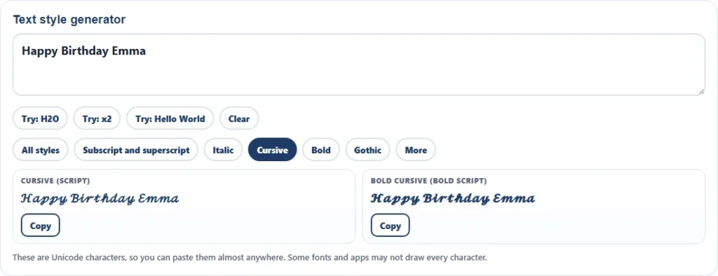Font generator cursive showing Happy Birthday Emma in script and bold script Unicode characters with copy buttons