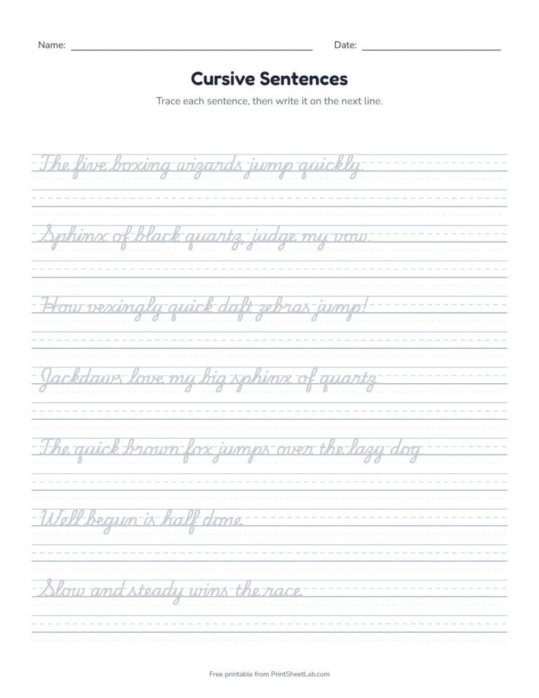 Cursive writing practice sheet for adults with pangram sentences