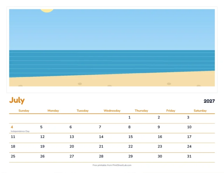 Custom photo calendar page for July 2027 with a white border and a beach picture