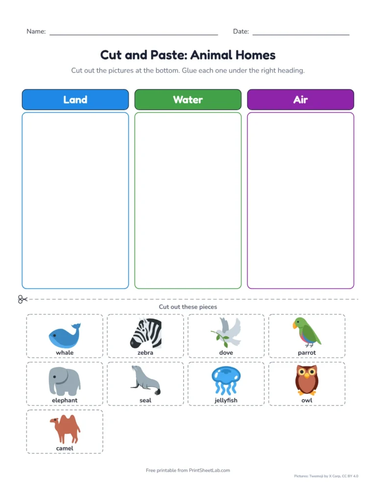 Cut and paste animal homes worksheet with pictures: land, water or air