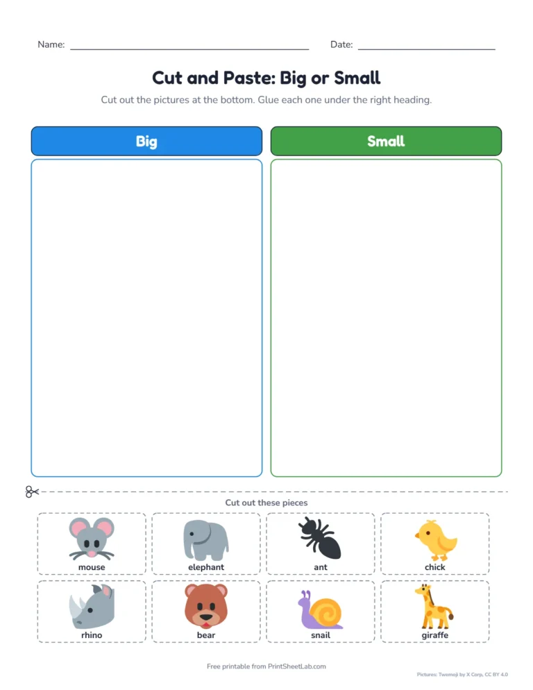 Cut and paste big or small animals worksheet for toddlers and preschool