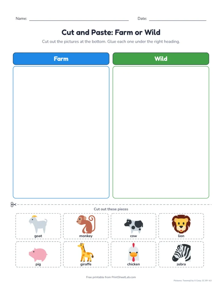 Cut and paste farm or wild animals worksheet with pictures
