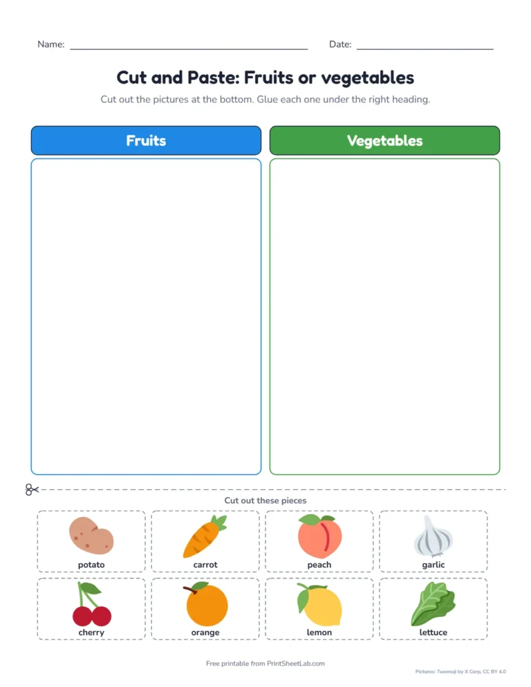 Cut and paste fruits or vegetables sorting worksheet with pictures