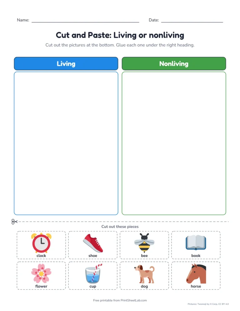 Cut and paste living or nonliving worksheet with pictures