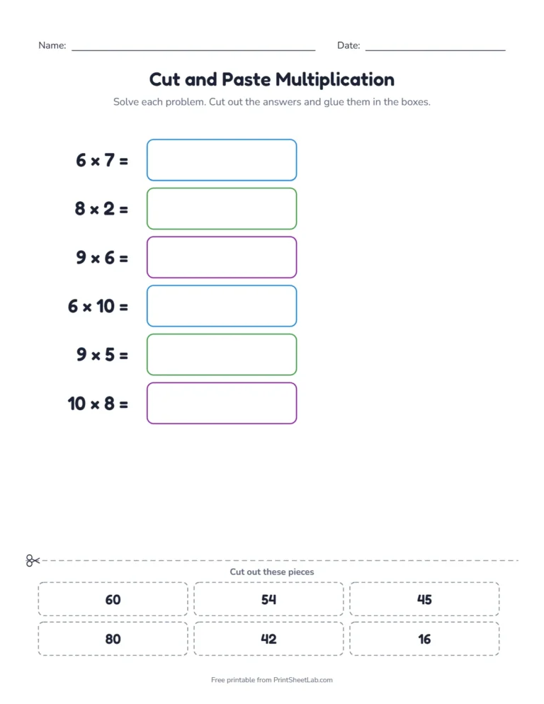 Cut and paste multiplication facts worksheet