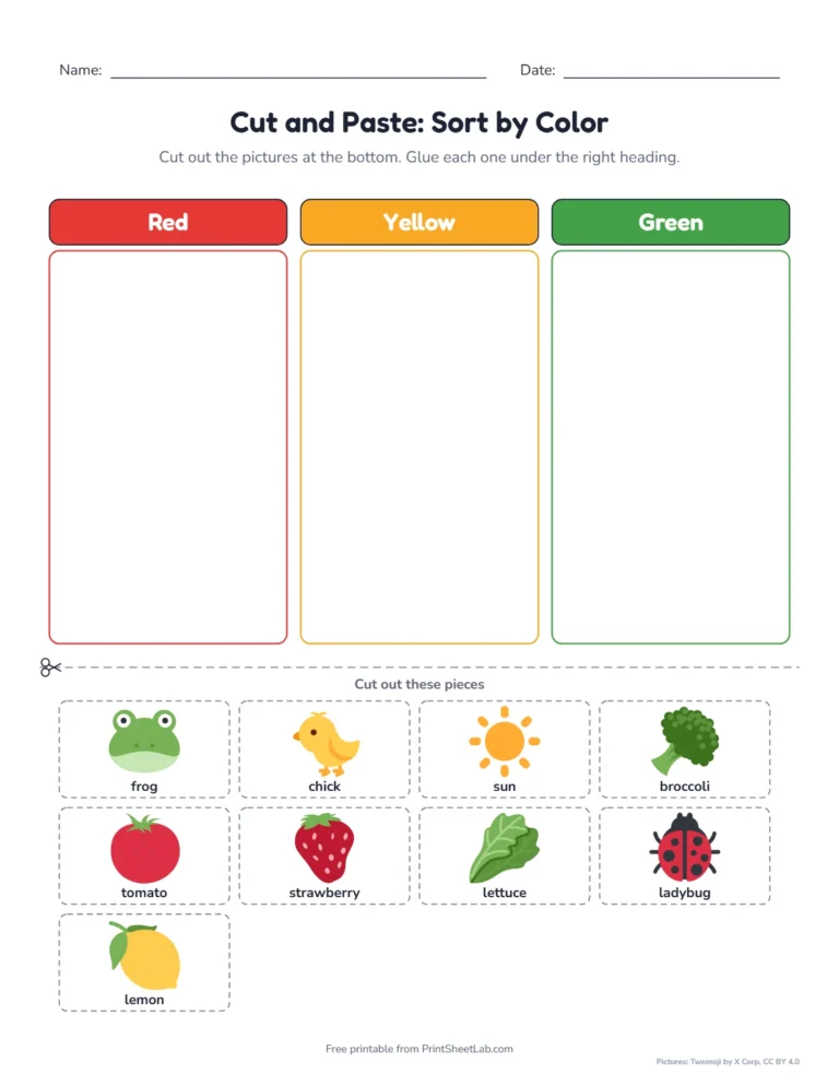 Cut and paste sort by color worksheet: red, yellow and green pictures