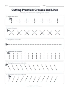 Cutting practice: crosses and lines printable worksheet for ages 4 to 6