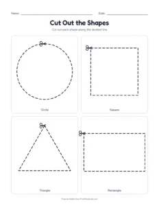 Cut out 12 shapes printable worksheet for ages 4 to 7