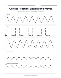 Cutting practice: zigzags and waves printable worksheet for ages 4 to 6