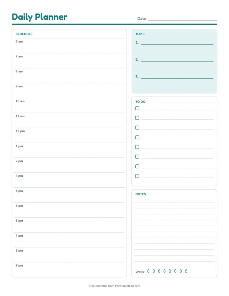 Daily planner printable with an hourly schedule, top 3 and to-do list in teal