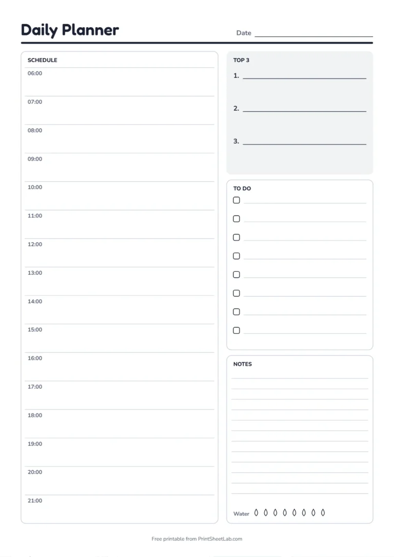 Daily schedule template with a 24-hour clock in black and white on A4