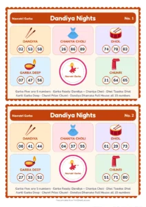 Dandiya Nights Tambola picture tambola tickets with themed prize sections