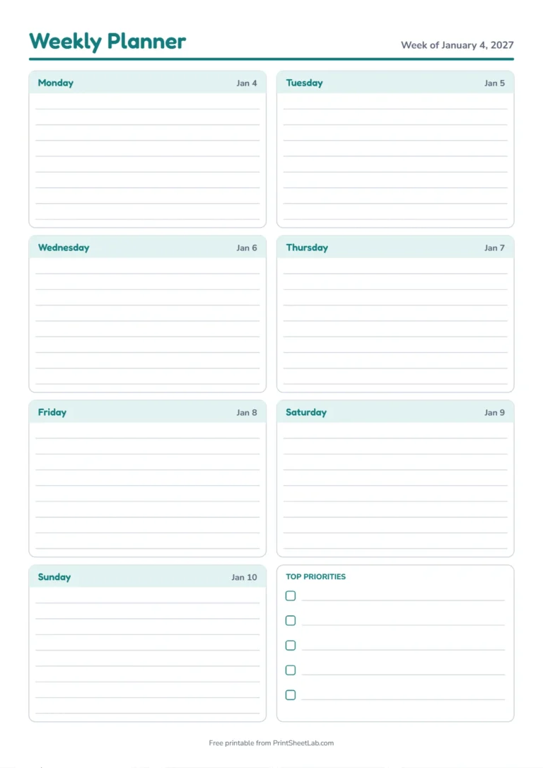 Dated weekly planner template for the week of January 4, 2027 on A4 in teal