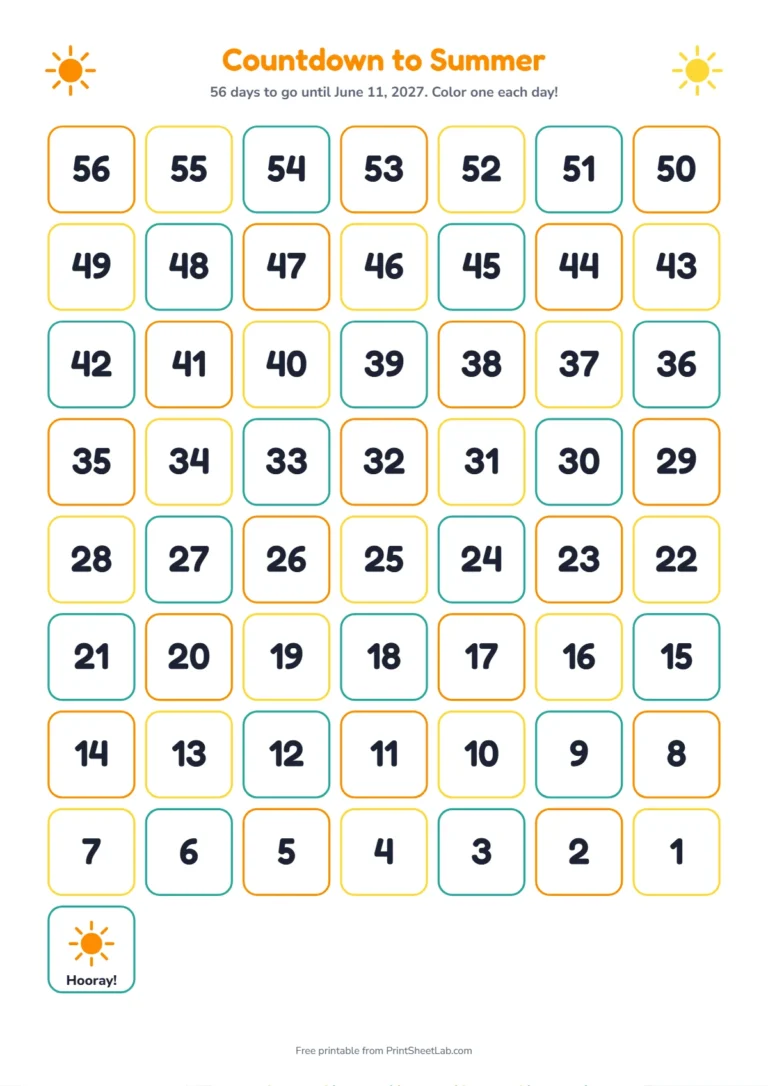 Summer vacation countdown for kids on A4 with 56 colored squares and no dates