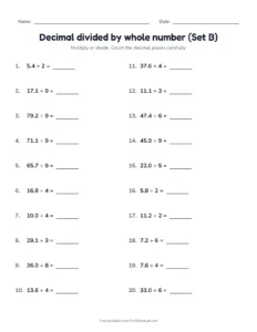 Decimal divided by whole number (Set B) printable worksheet for grades 5 and 6