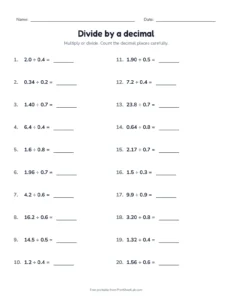 Divide by a decimal printable worksheet for grades 5 and 6
