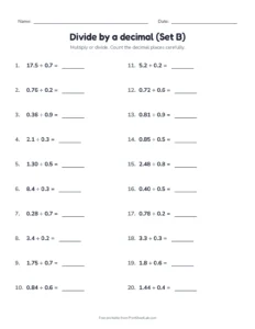 Divide by a decimal (Set B) printable worksheet for grades 5 and 6