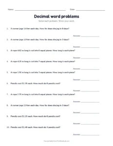 Decimal word problems printable worksheet for grades 5 and 6