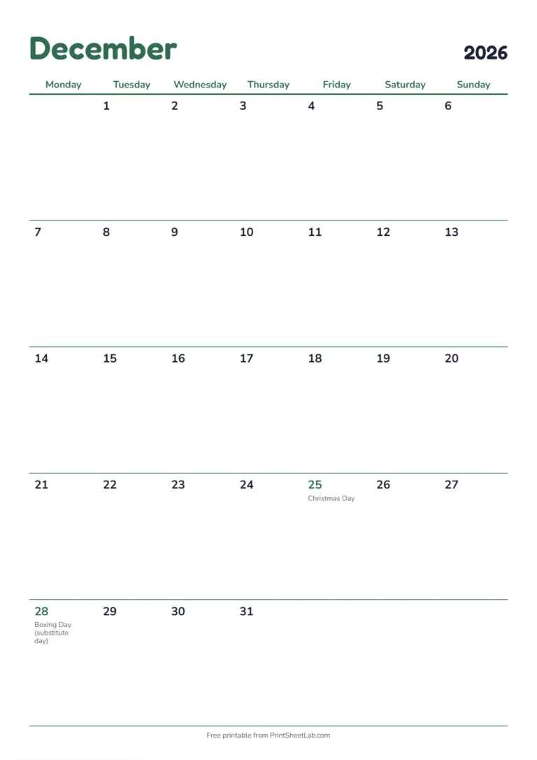 December 2026 calendar with holidays: Monday start on A4 with UK bank holidays