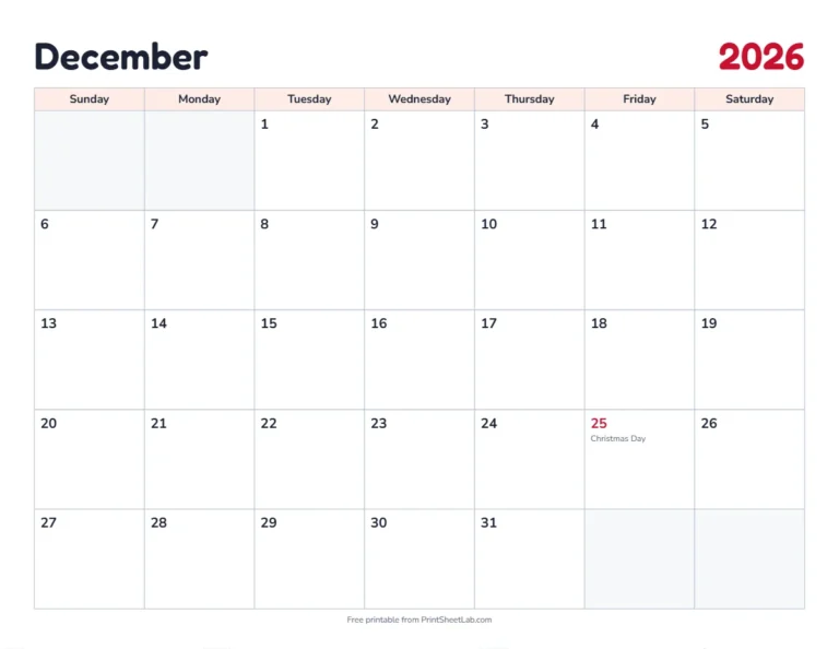 December 2026 calendar printable with US holidays in the classic design