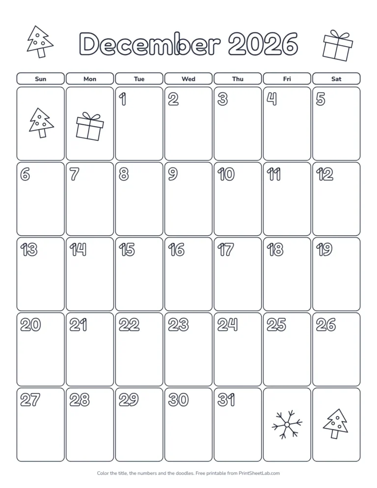 December 2026 calendar to color in portrait with trees and gifts
