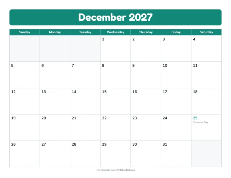 December 2027 calendar in the bold band design with big day boxes