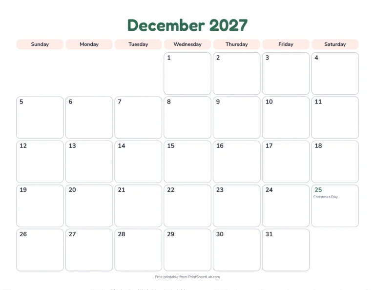 December 2027 calendar with Christmas Day marked for the US federal holidays 2027