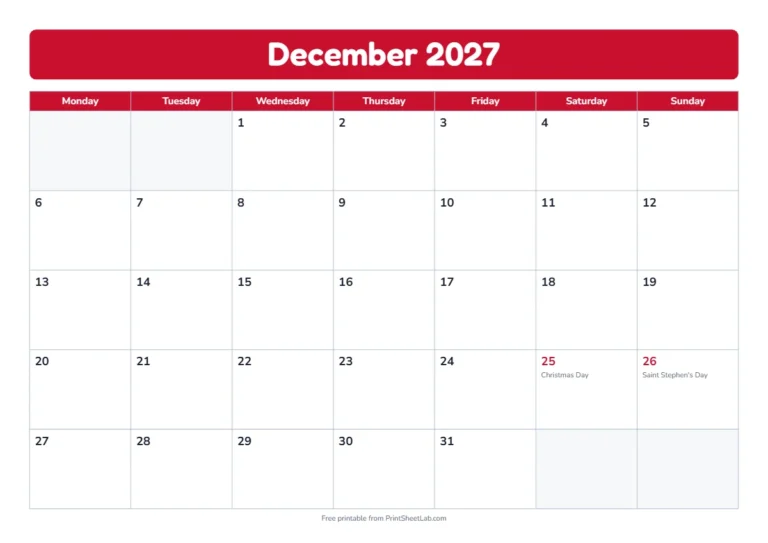 December 2027 calendar for Ireland with Christmas and St Stephen's Day