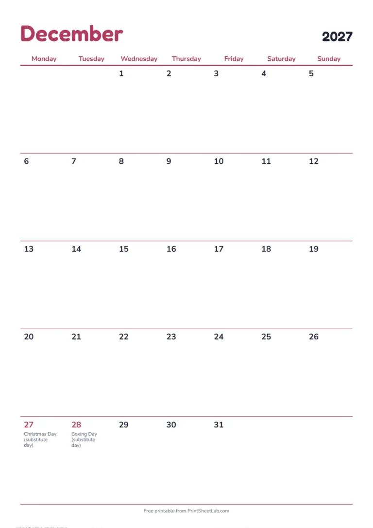 December 2027 calendar with holidays: Monday start on A4 with UK bank holidays