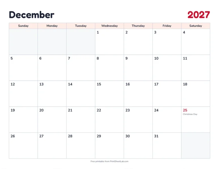 December 2027 calendar printable with US holidays in the classic design