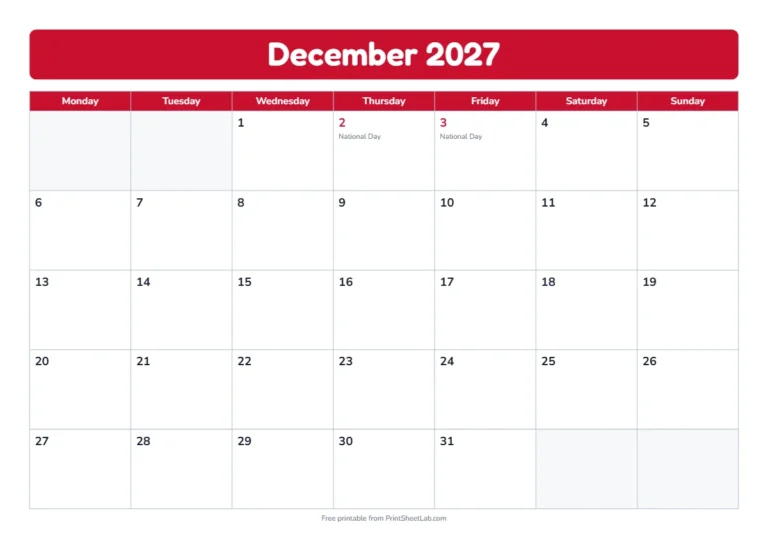 December 2027 calendar with UAE National Day on December 2 and 3