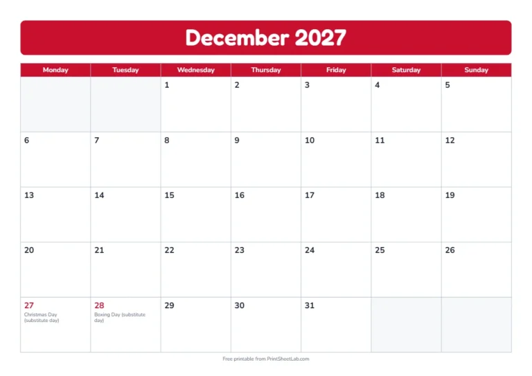 December 2027 UK calendar with the Christmas and Boxing Day substitute bank holidays on December 27 and 28