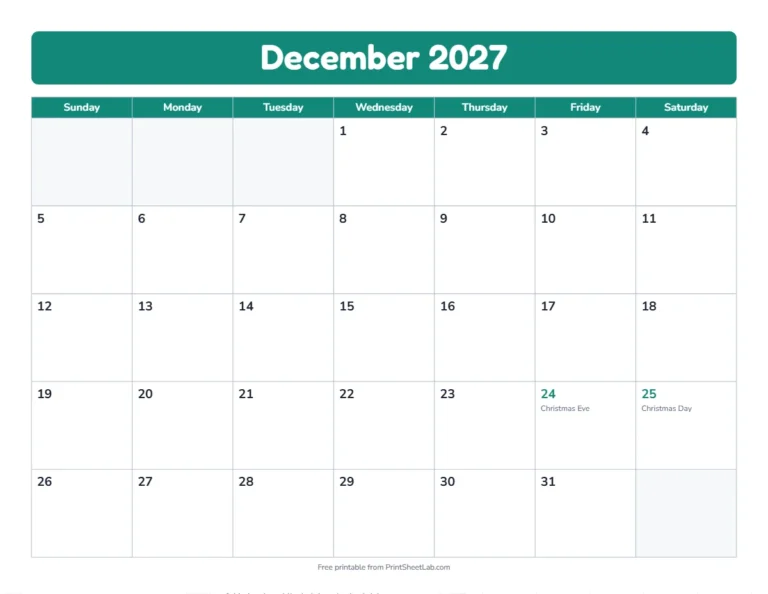 December 2027 calendar with Christmas Eve and Christmas Day marked