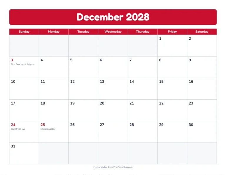 December 2028 calendar with Advent and Christmas marked
