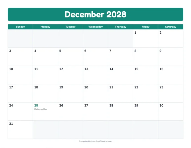 December 2028 calendar in the bold band design with big day boxes