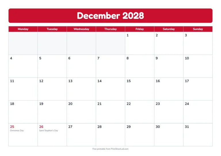 December 2028 calendar for Ireland with Christmas and St Stephen's Day