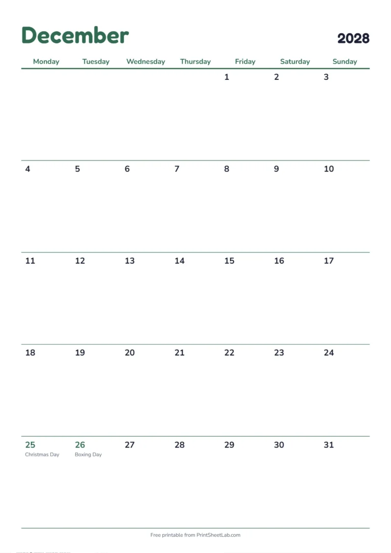 December 2028 calendar with holidays: Monday start on A4 with UK bank holidays
