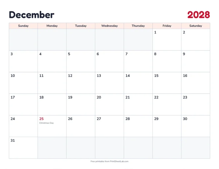 December 2028 calendar printable with US holidays in the classic design