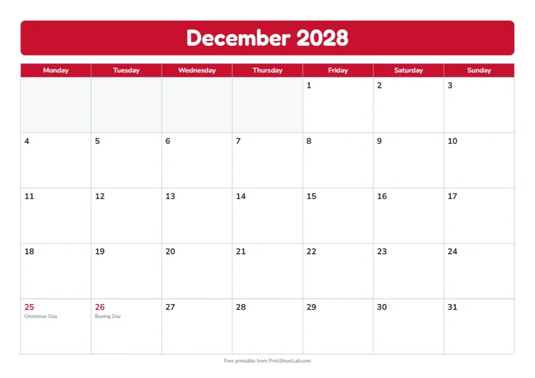 December 2028 UK calendar with the Christmas Day and Boxing Day bank holidays