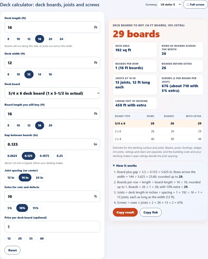 Deck calculator for a 16 by 12 foot deck with 5/4 by 6 boards, 16 inch joist spacing, showing 29 boards, 13 joists and 676 screws