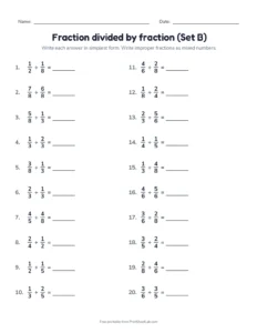 Fraction divided by fraction (Set B) printable worksheet for grade 6