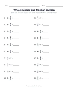 Whole number and fraction division (Set B) printable worksheet for grades 5 and 6