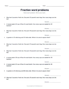 Fraction word problems printable worksheet for grades 5 and 6