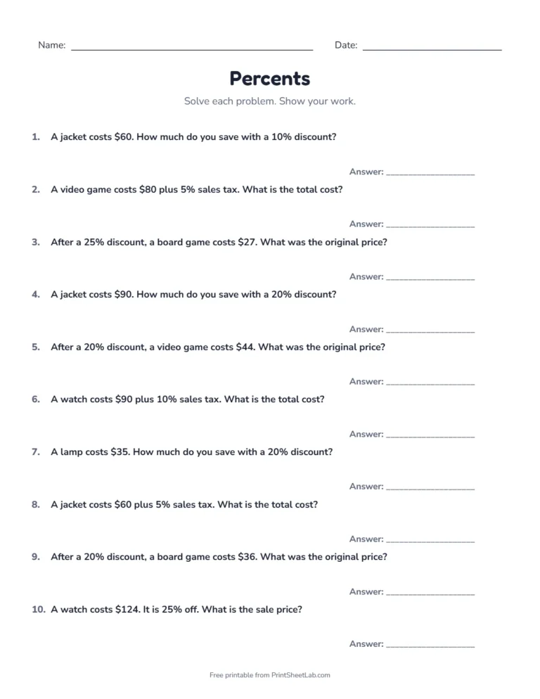 Discount, sales tax and tip percent word problems worksheet