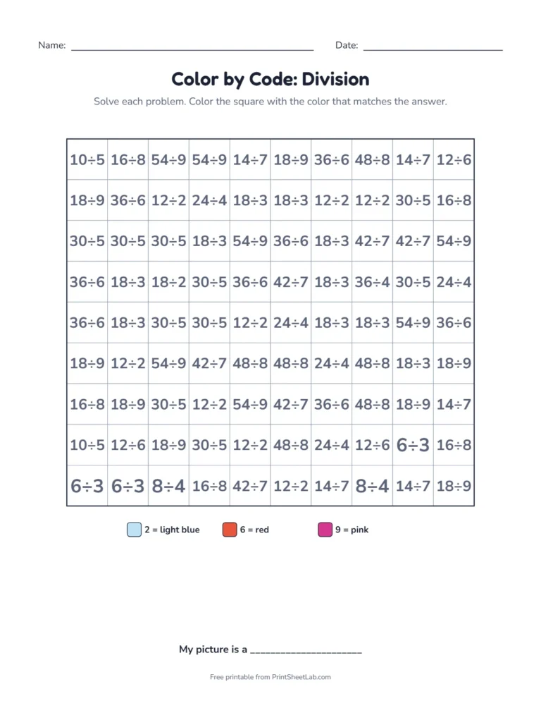 Division color by code pixel art worksheet: solve each fact to color the mystery picture