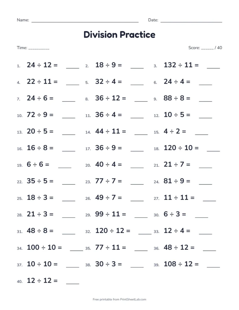 Printable division worksheets: a timed drill with 40 mixed division facts and time and score boxes