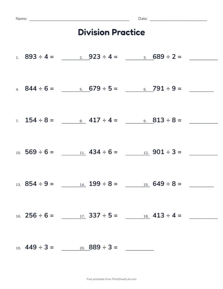 Division worksheets with remainders: 20 three-digit by one-digit problems in a horizontal layout