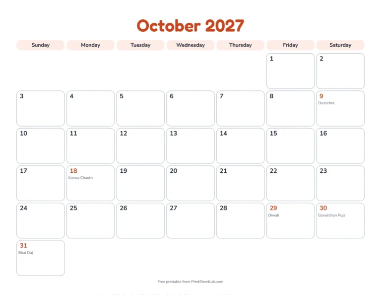 October 2027 calendar with Diwali 2027 on October 29